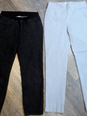 Two pair Chicos Pull On Ankle Pants 'Platinum' Black & Light Blue Stripe Sz 0/4